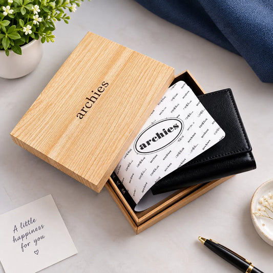 Archies Wooden Gift Box Three Fold Black Gents Wallet