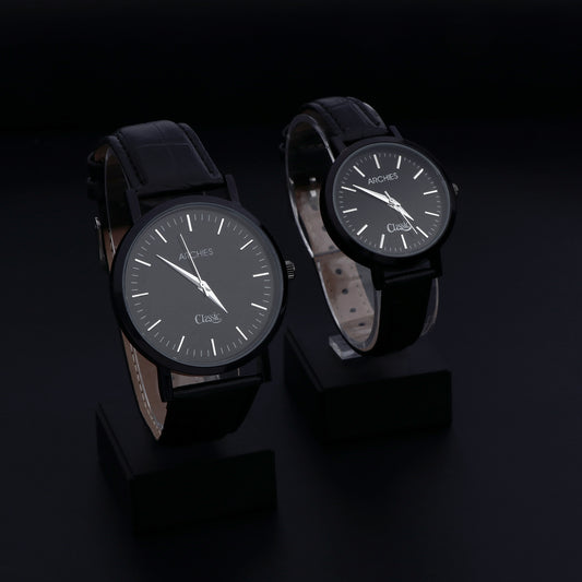 Black Leather Strap Couple Wrist Watch
