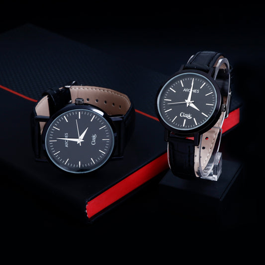 Black Leather Strap Couple Wrist Watch