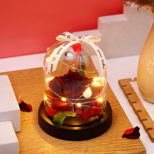 Archies Maroon Rose Dome with Fairy Lights & Ribbon