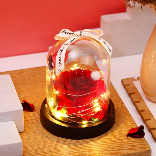 Archies Red Rose Dome with Fairy Lights & Ribbon