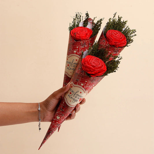 Pack Of 3 Red Glitter Artificial Rose Bouquet