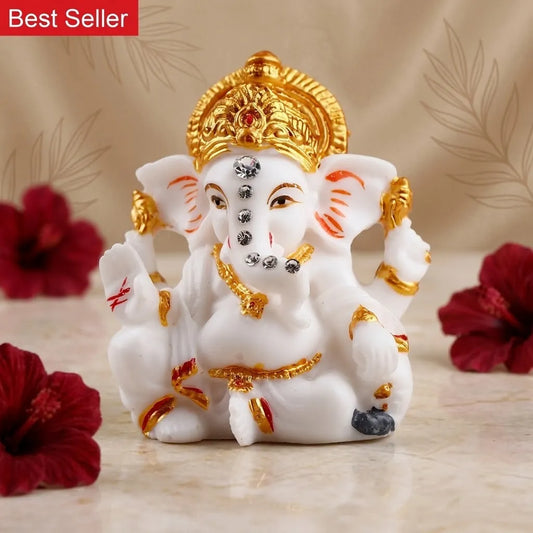 White and Golden Accents Shree Ganesha Table Top Idol