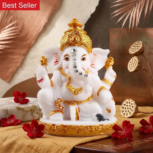 Divine White and Golden Shree Ganesha Table Top Idol
