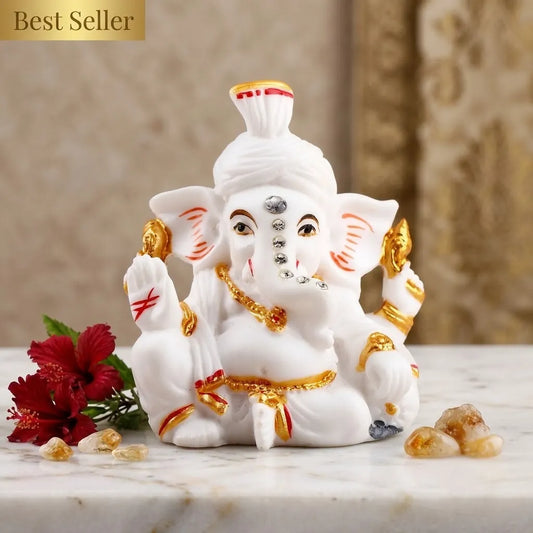 Sacred Shree Ganesha White and Golden Table Top Idol