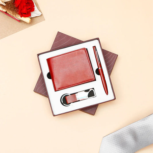 Regal Brown Wallet with Pen and Keychain Gift Set