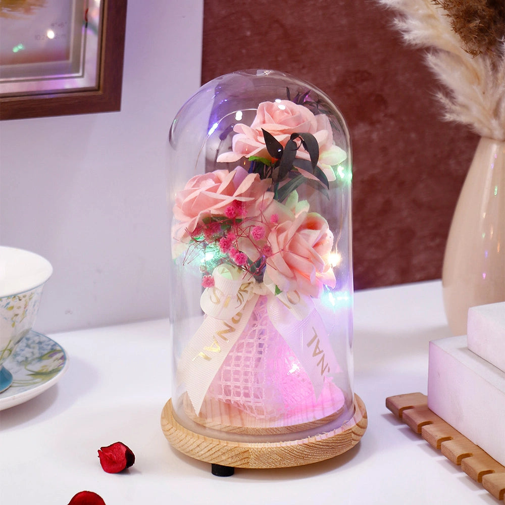 Archies Pink Rose Bouquet Glass Dome