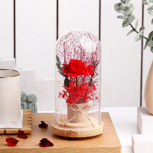 Archies Red Rose & Baby Breath Glass Dome