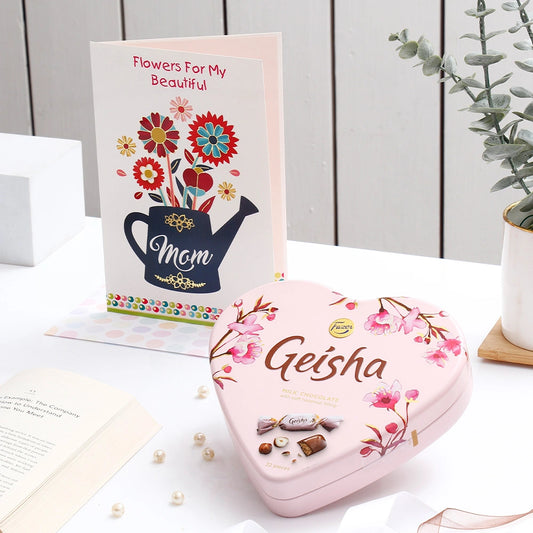 Flowers For My Beautiful Mom Mother's Day Greeting Card and Geisha Milk Chocolate