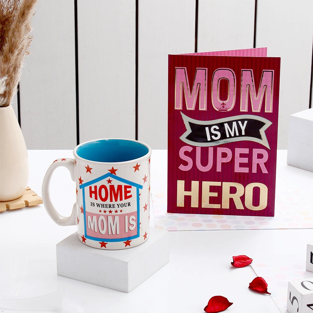 Superhero Mom Card & "Home Is Mom" Mug Combo