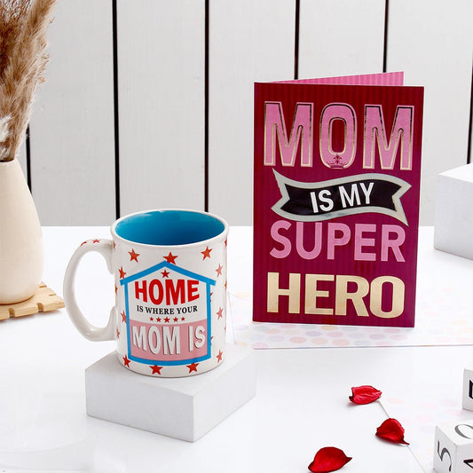 Superhero Mom Card & "Home Is Mom" Mug Combo