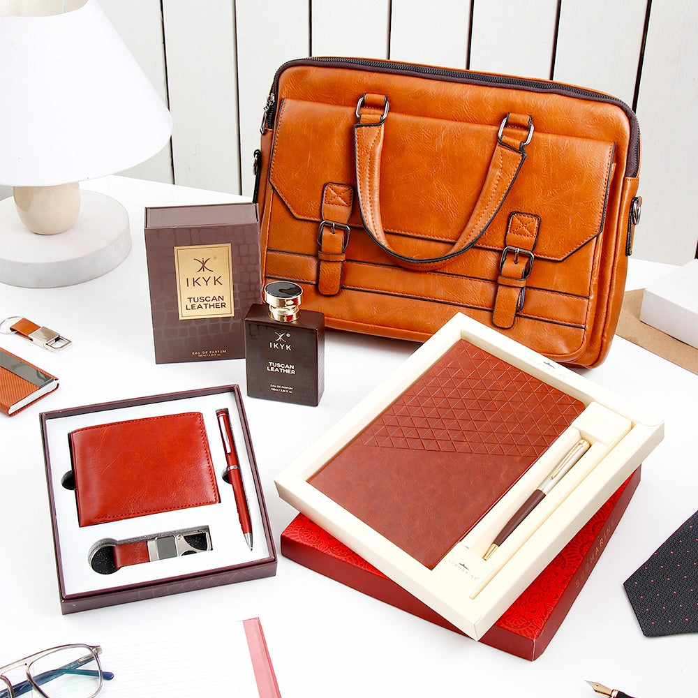 Brown Leather Laptop Bag With Submarine Set, Wallet Set And IKYK Tuscan Leather
