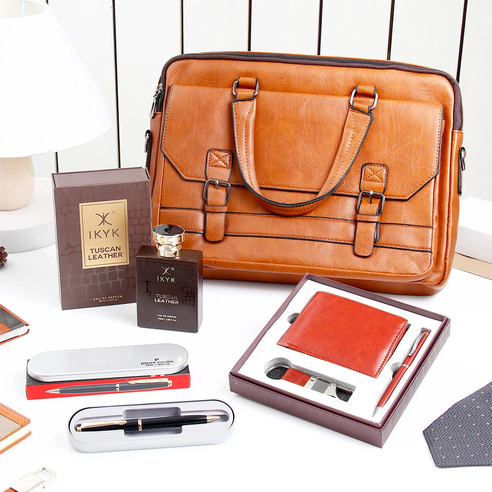 Brown Leather Laptop Bag With Wallet Set, Pierre Cardin Pen And IKYK Tuscan Leather
