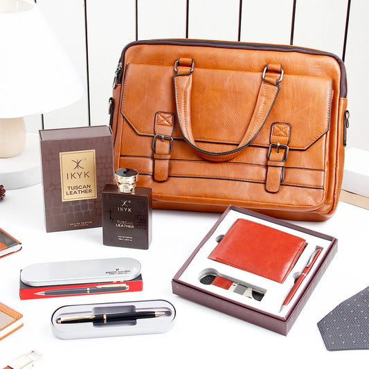 Brown Leather Laptop Bag With Wallet Set, Pierre Cardin Pen And IKYK Tuscan Leather
