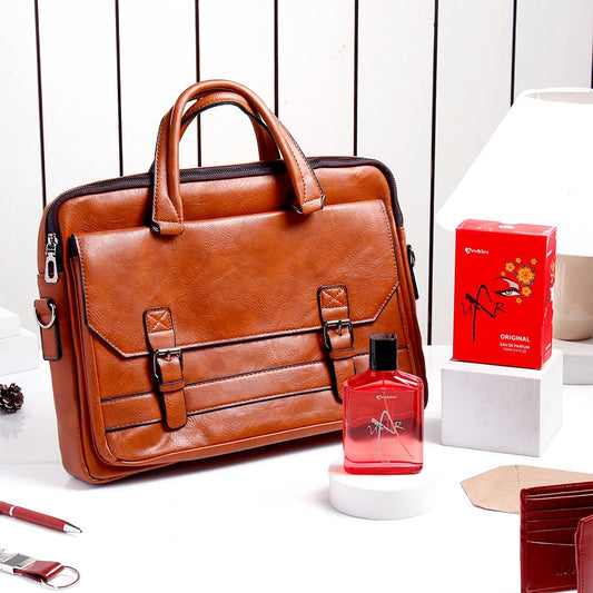 Brown Leather Laptop Bag With Archies UXR Perfume