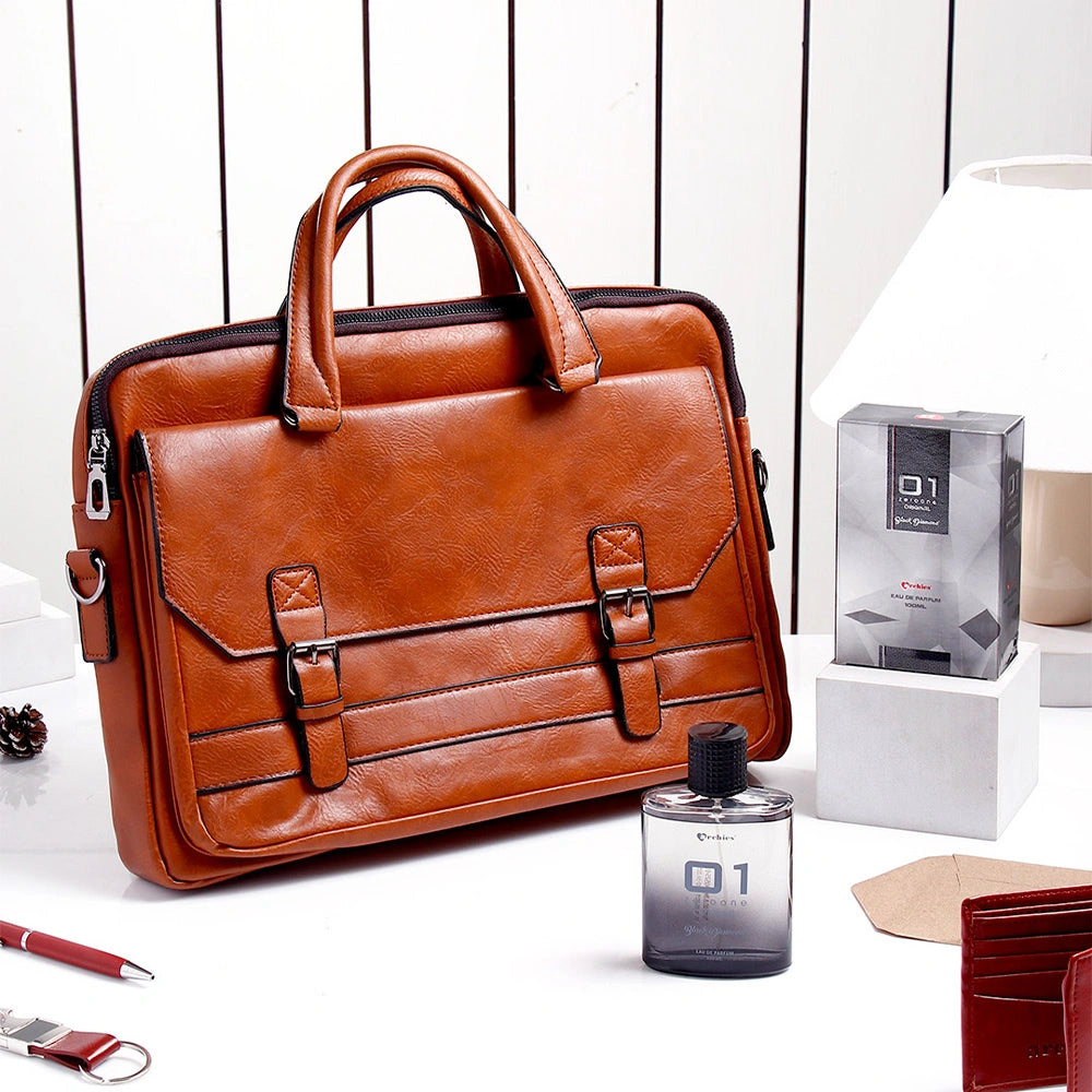 Brown Leather Laptop Bag With Archies Black Diamond Perfume