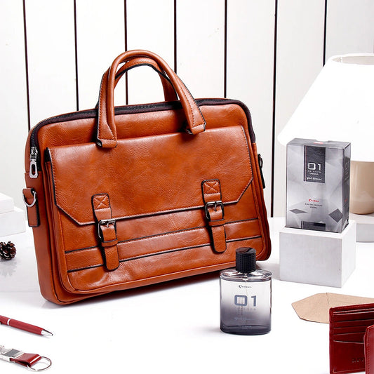 Brown Leather Laptop Bag With Archies Black Diamond Perfume