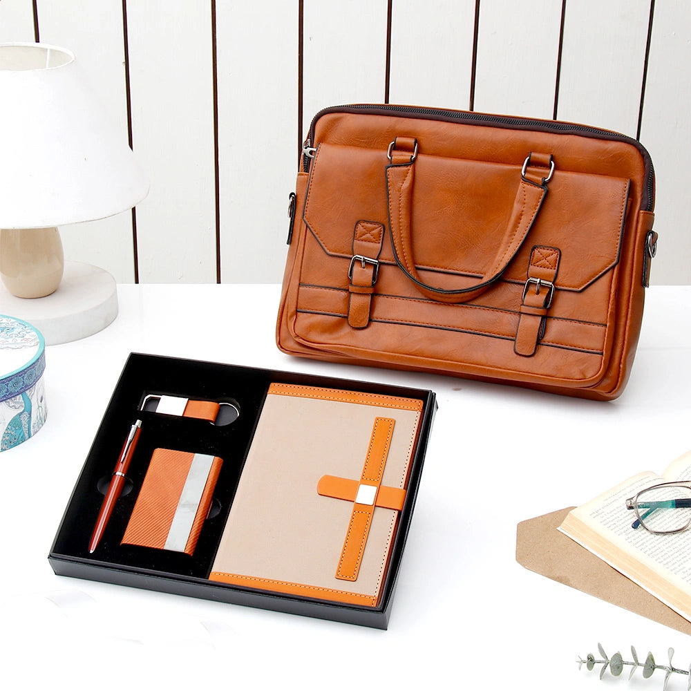 Brown Leather Laptop Bag With Notebook Set