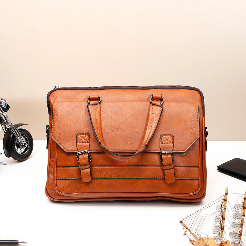 Tan Brown Leather Buckle Laptop Bag