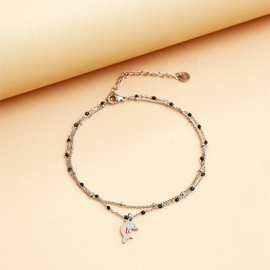 Black Beads Silver Charm Anklet