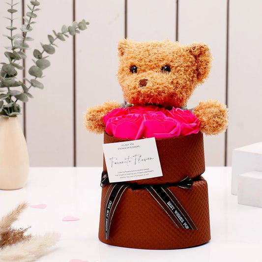 Maroon Rose & Teddy Bear Box