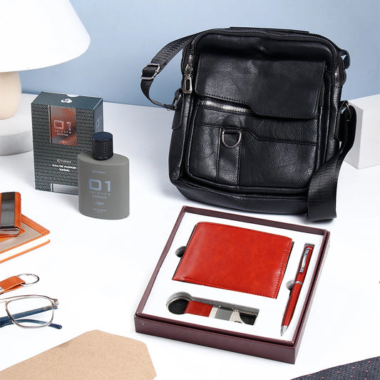Black Leather Sling Bag With Brown Wallet Set And Archies 01 Men Perfume