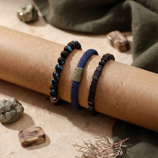 Braided Blue Multilayer Black Beaded Bracelet