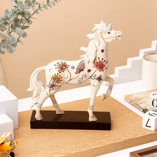 White Floral Horse Statue on Black Base Showpiece