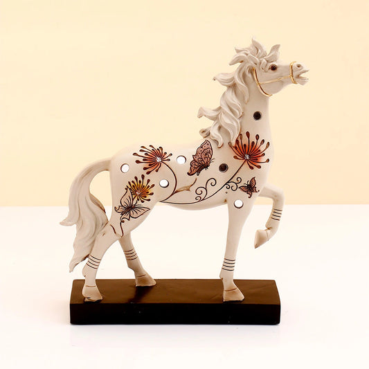 White Floral Horse Statue on Black Base Showpiece