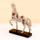 White Floral Horse Statue on Black Base Showpiece