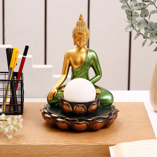 Large Gold & Green Buddha with Lotus Bowl & Orb Showpiece