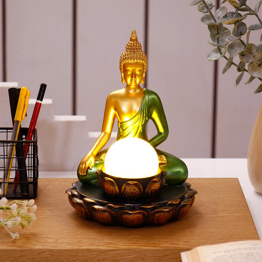 Large Gold & Green Buddha with Lotus Bowl & Orb Showpiece