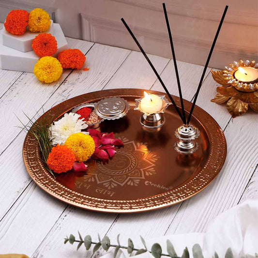 Om Shubh Laabh Copper Pooja Thali Set