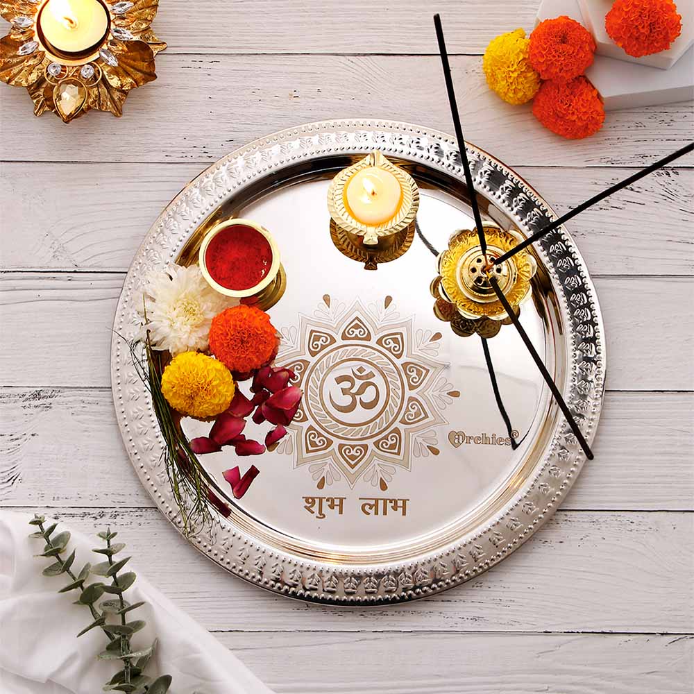Om Shubh Laabh Silver Pooja Thali Set