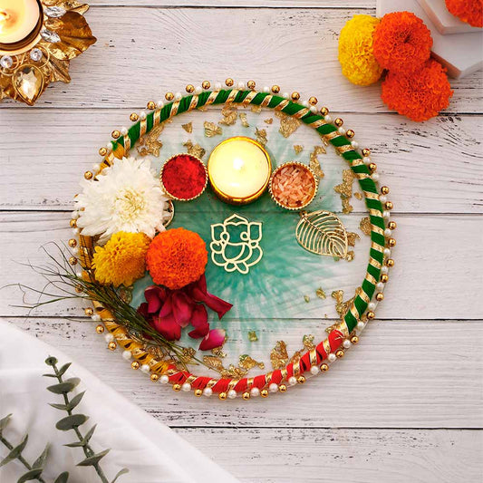 Divine Ganesha Green Designer Pooja Thali