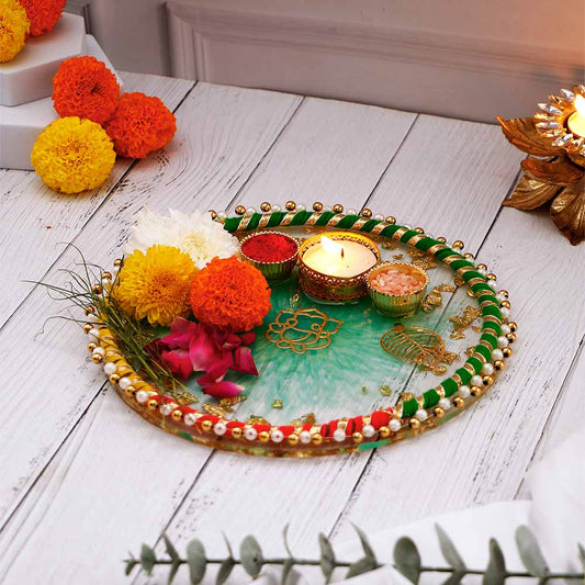 Divine Ganesha Green Designer Pooja Thali