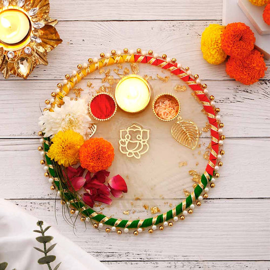 Divine Ganesha White Designer Pooja Thali