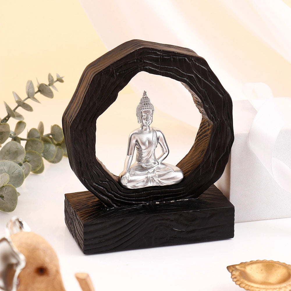 Silver Buddha in Dark Wooden Ring Frame Showpiece