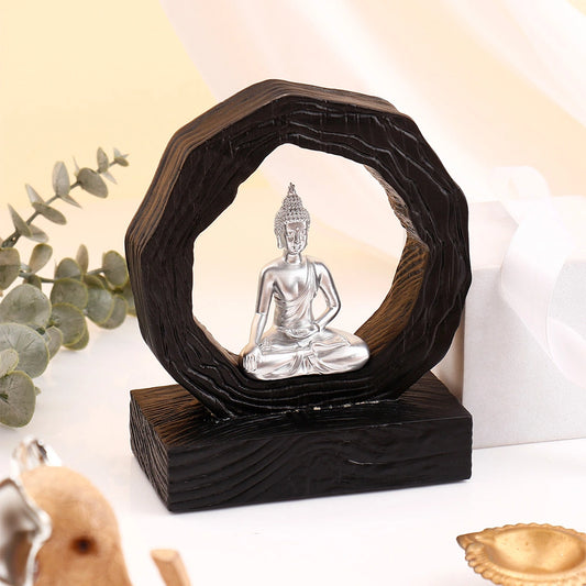 Silver Buddha in Dark Wooden Ring Frame Showpiece