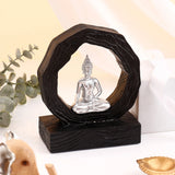 Silver Buddha in Dark Wooden Ring Frame Showpiece