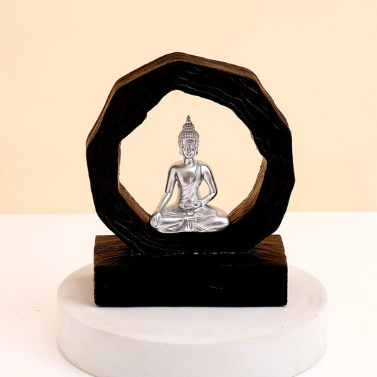Silver Buddha in Dark Wooden Ring Frame Showpiece