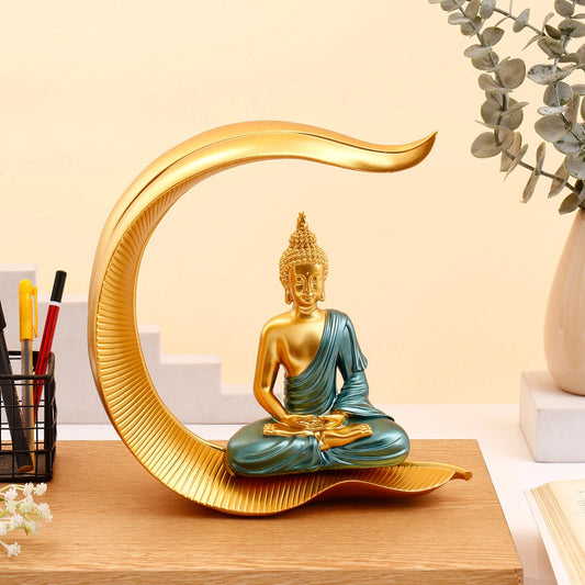 Gold & Teal Buddha on Crescent Leaf Stand Showpiece