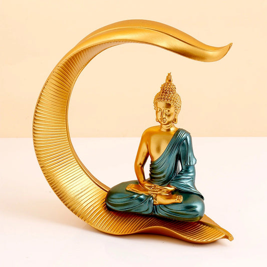 Gold & Teal Buddha on Crescent Leaf Stand Showpiece