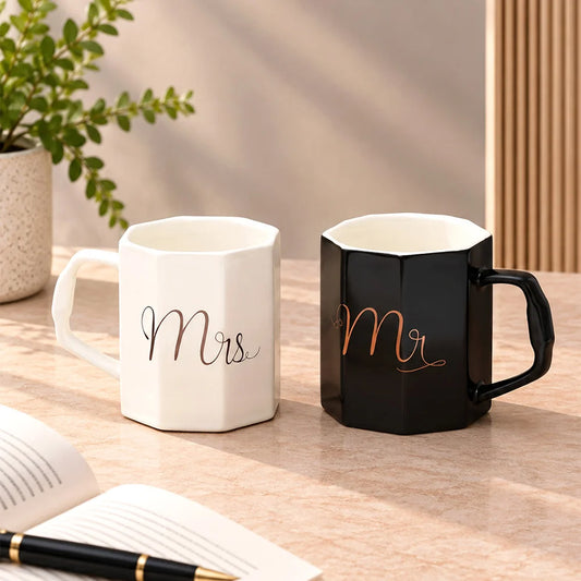 Set of 2 Mr & Mrs Faceted Ceramic Mugs
