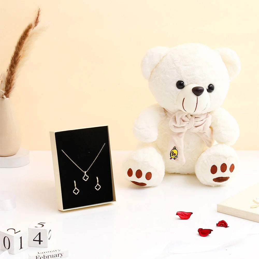 Blossom Blooms Pendant Earing Set with White Teddy