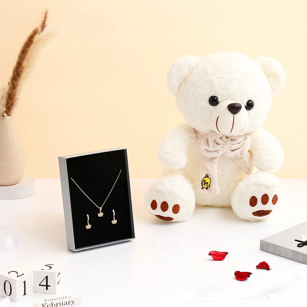 Imperial Crown Pendant Earing Set with White Teddy