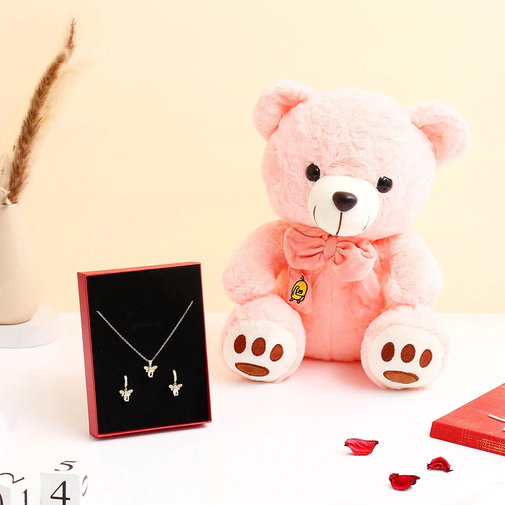 Bee Bliss Pendant Earing Set with Pink Teddy