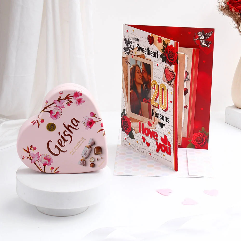 Geisha Chocolate With For My Sweet Heart 20 Reasons Why Greeting Card and Envelope