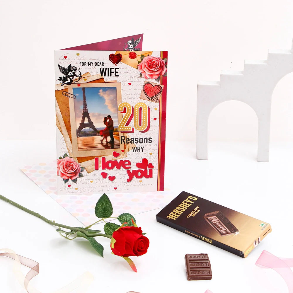 My Dear Wife 20 Reasons Why Greeting Card With Rose and Chocolates