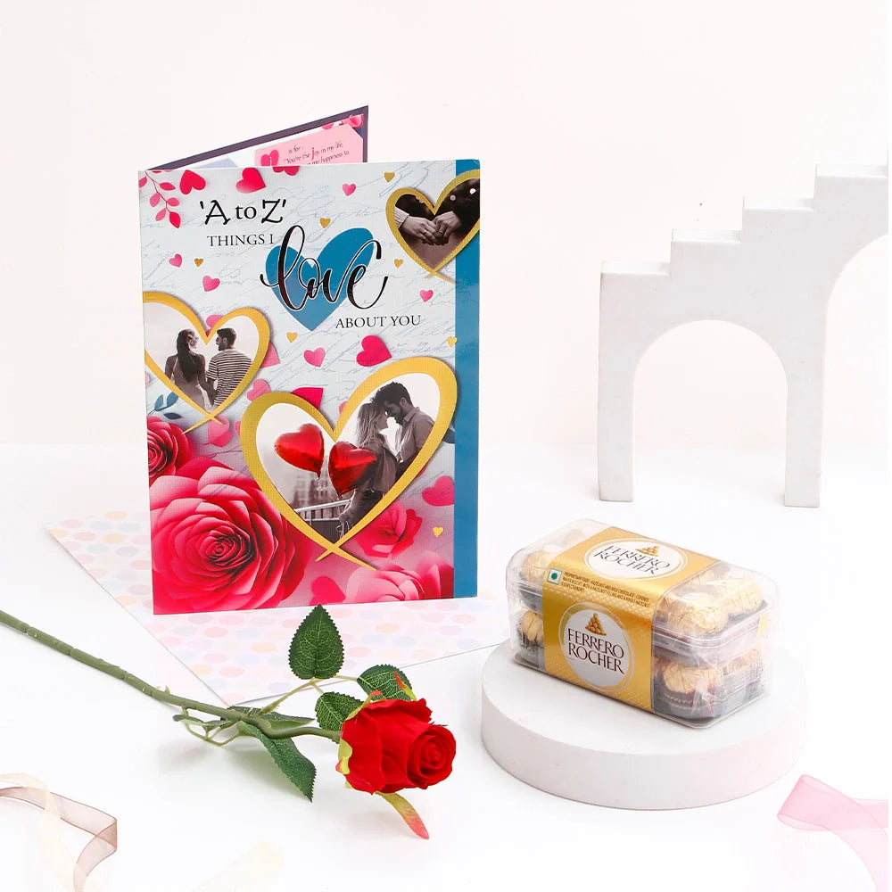 A to Z Things I Love About You Greeting Card With Rose and Chocolates